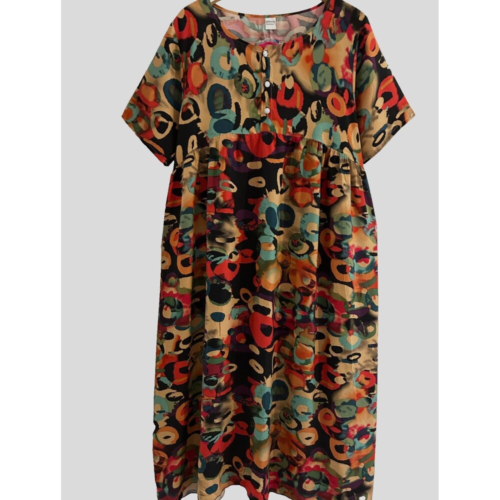 Womens L/XL Multicolor Cotton Maxi Dress Short Sleeve Lounge House Dress Boho